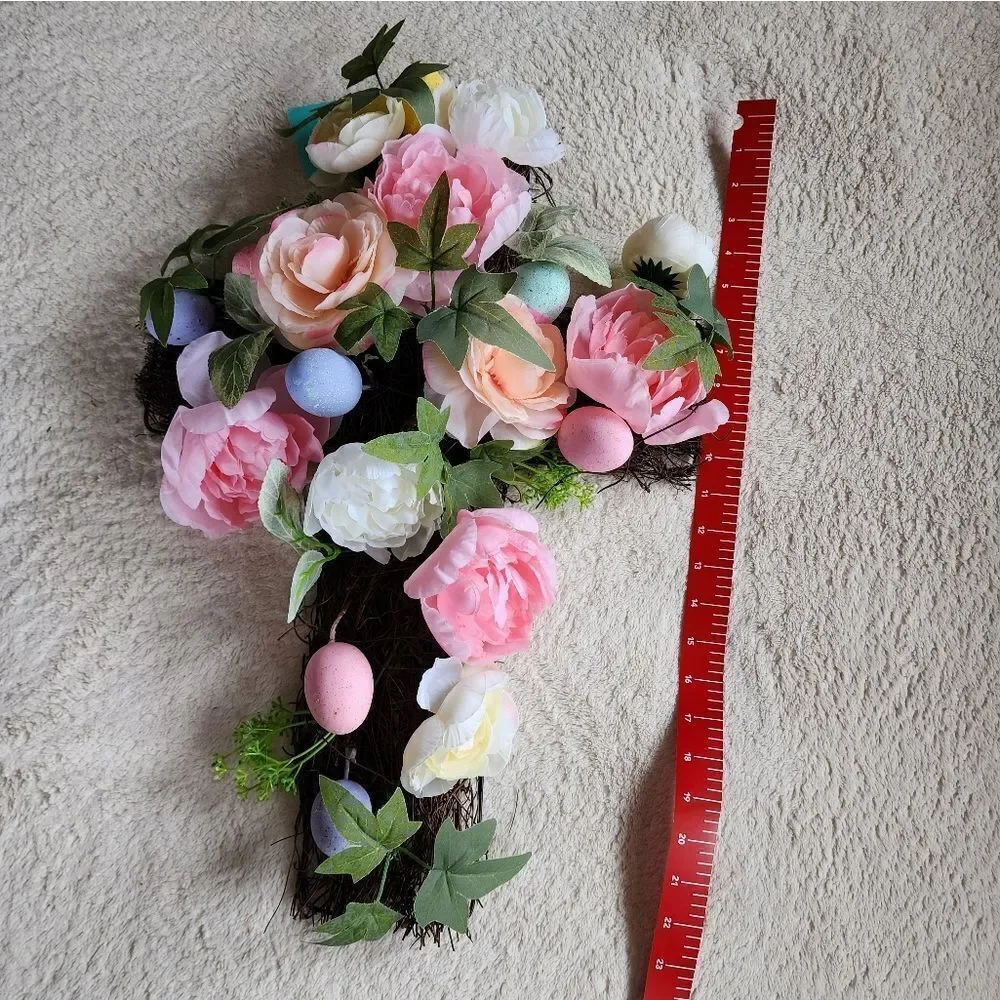 NEW SPRING / Easter Pink Peony Rose Eggs Natural Twig Cross Decoration / wreath
